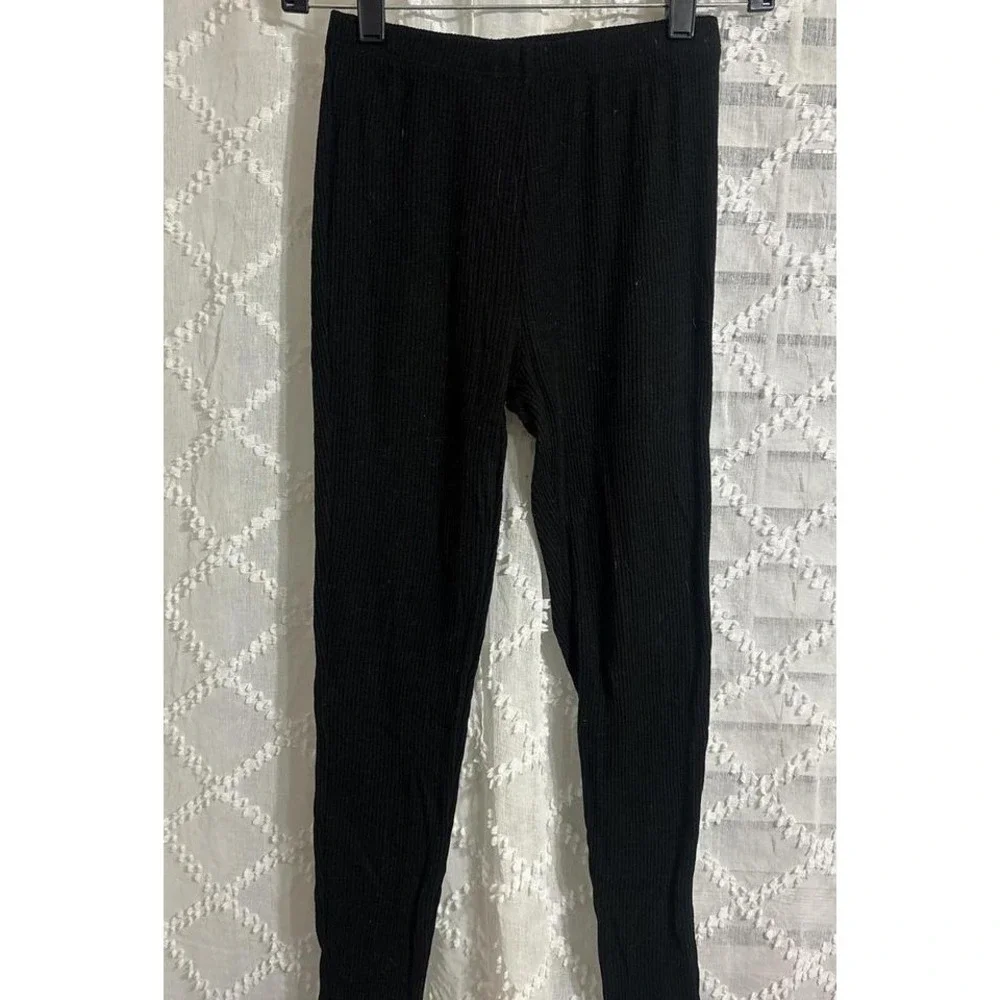 Womens Black Ribbed Knit Leggings Elastic‎ Waist Slim Fit Loungewear Pants
